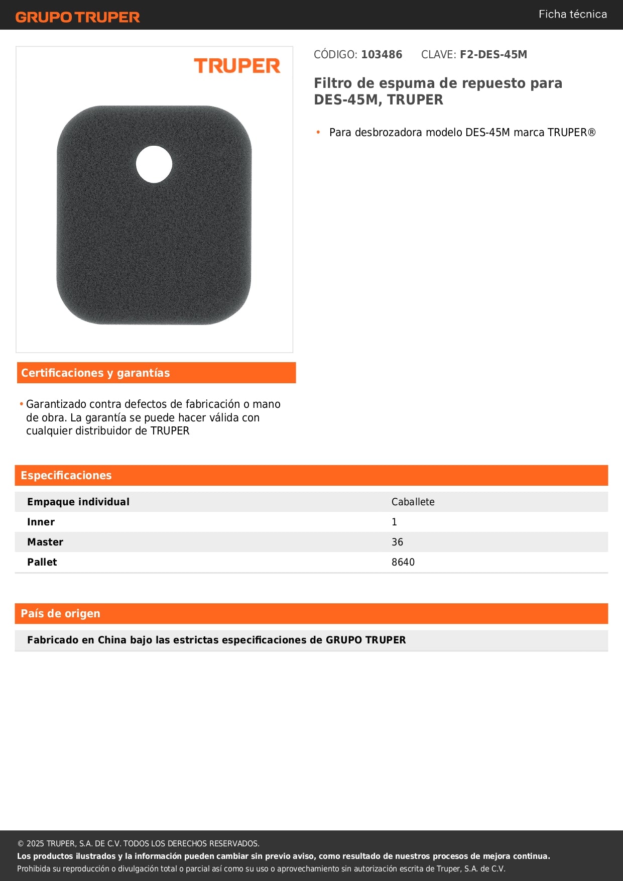 Filtro de espuma de repuesto para DES-45M, TRUPER
