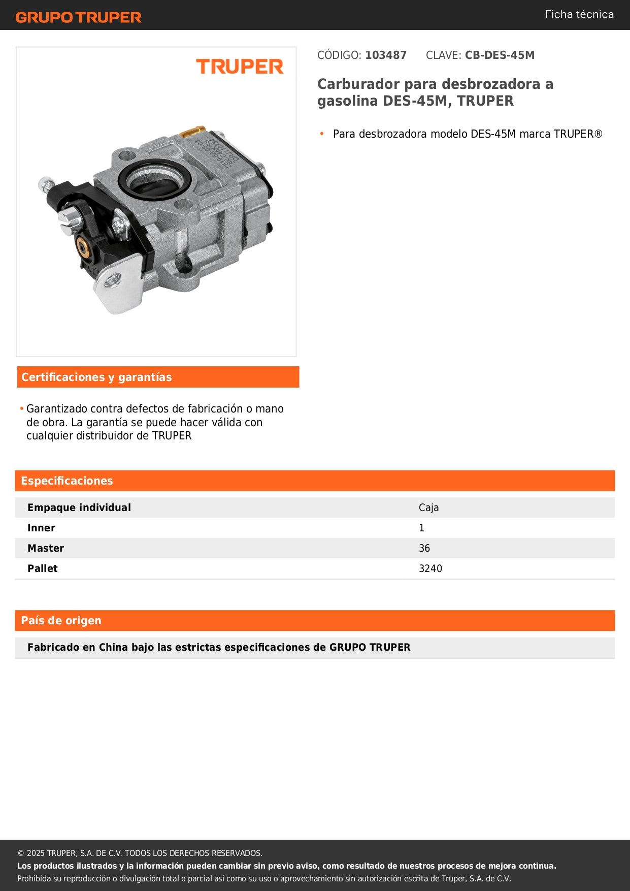 Carburador para desbrozadora a gasolina DES-45M, TRUPER