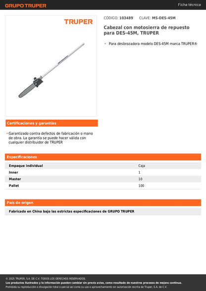 Cabezal con motosierra de repuesto para DES-45M, TRUPER