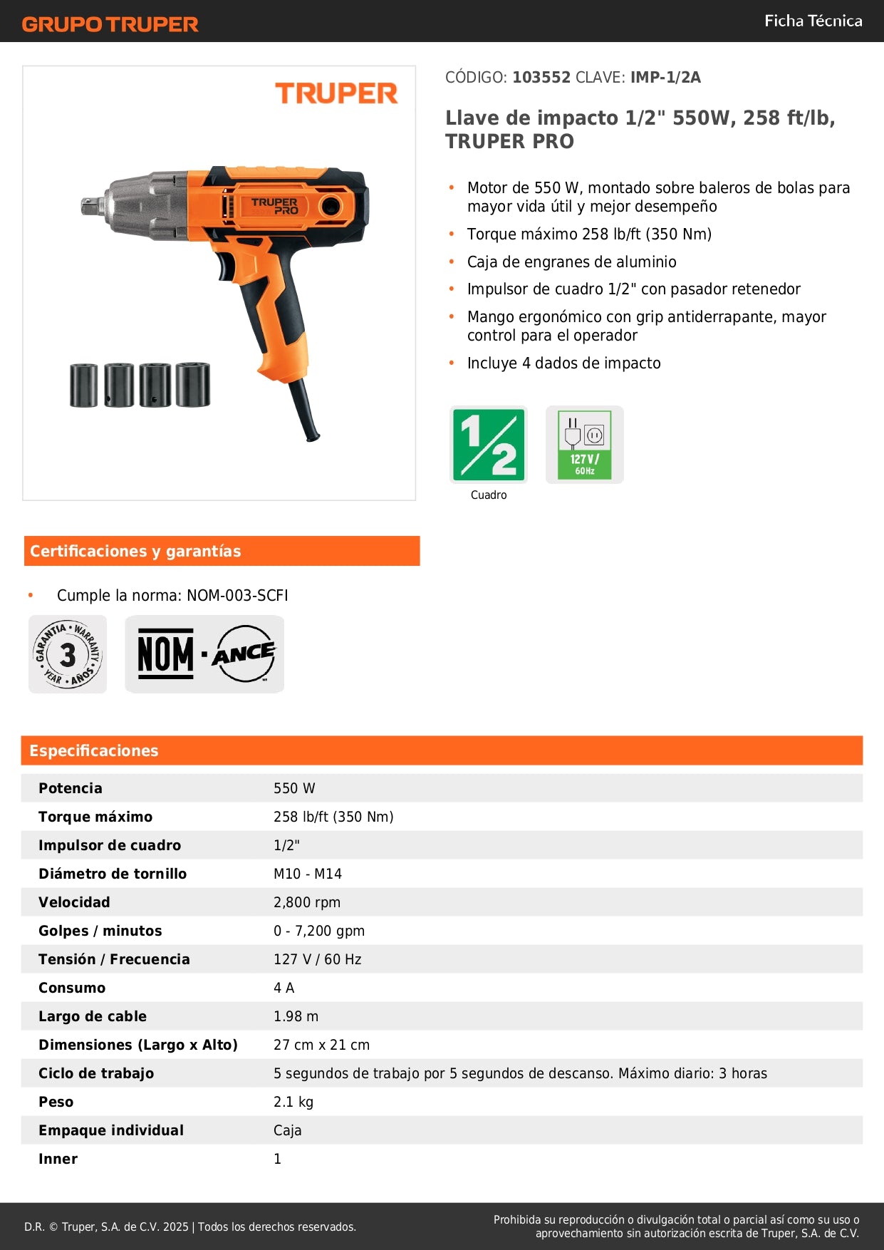 Llave de impacto 1/2" 550W, 258 ft/lb, TRUPER PRO