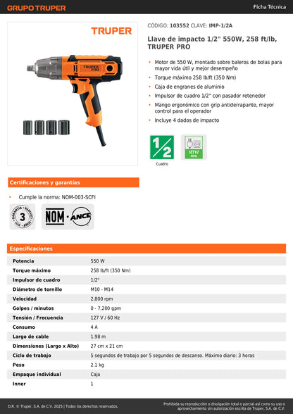 Llave de impacto 1/2" 550W, 258 ft/lb, TRUPER PRO