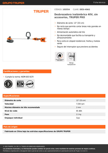 Desbrozadora inalámbrica 40V, sin accesorios, TRUPER PRO