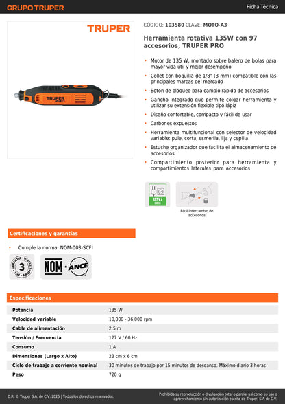 Herramienta Rotativa Multifuncional TRUPER PRO 135W con 97 Accesorios - Solución Completa para Pulir, Cortar, Esmerilar, Lijar y Cepillar - MOTO-A3