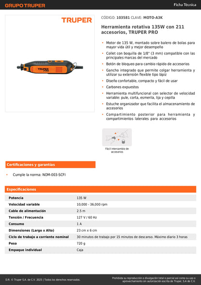 Herramienta Rotativa Multifuncional TRUPER PRO 135W con 211 Accesorios - Pule, Corta, Esmerila y Lija - MOTO-A3K
