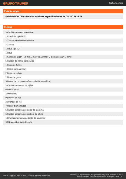 Herramienta Rotativa Multifuncional TRUPER PRO 135W con 211 Accesorios - Pule, Corta, Esmerila y Lija - MOTO-A3K