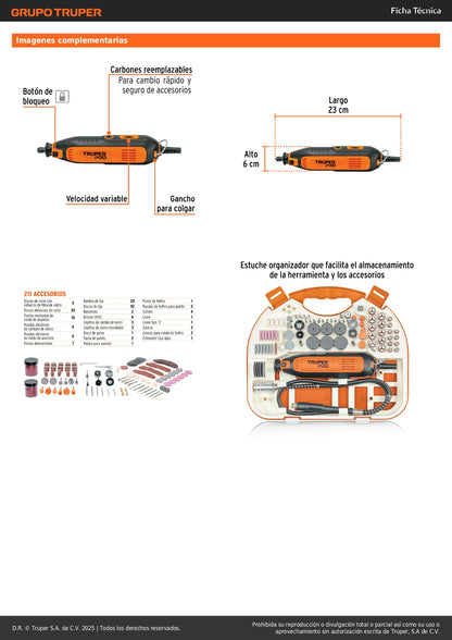 Herramienta Rotativa Multifuncional TRUPER PRO 135W con 211 Accesorios - Pule, Corta, Esmerila y Lija - MOTO-A3K