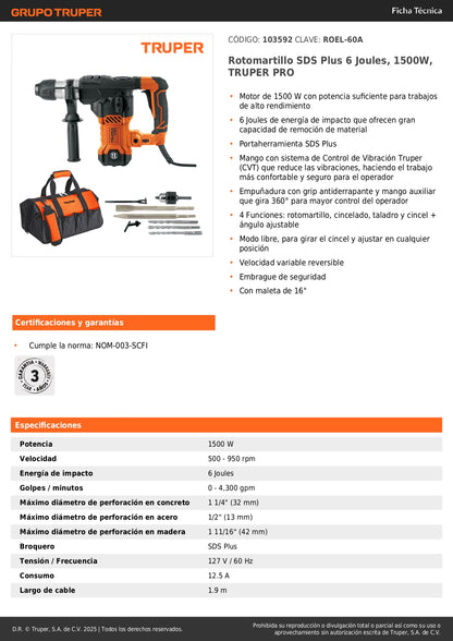 Rotomartillo SDS Plus 6 Joules, 1500W, TRUPER PRO