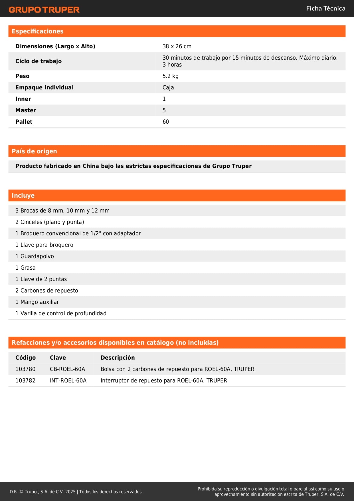 Rotomartillo SDS Plus 6 Joules, 1500W, TRUPER PRO