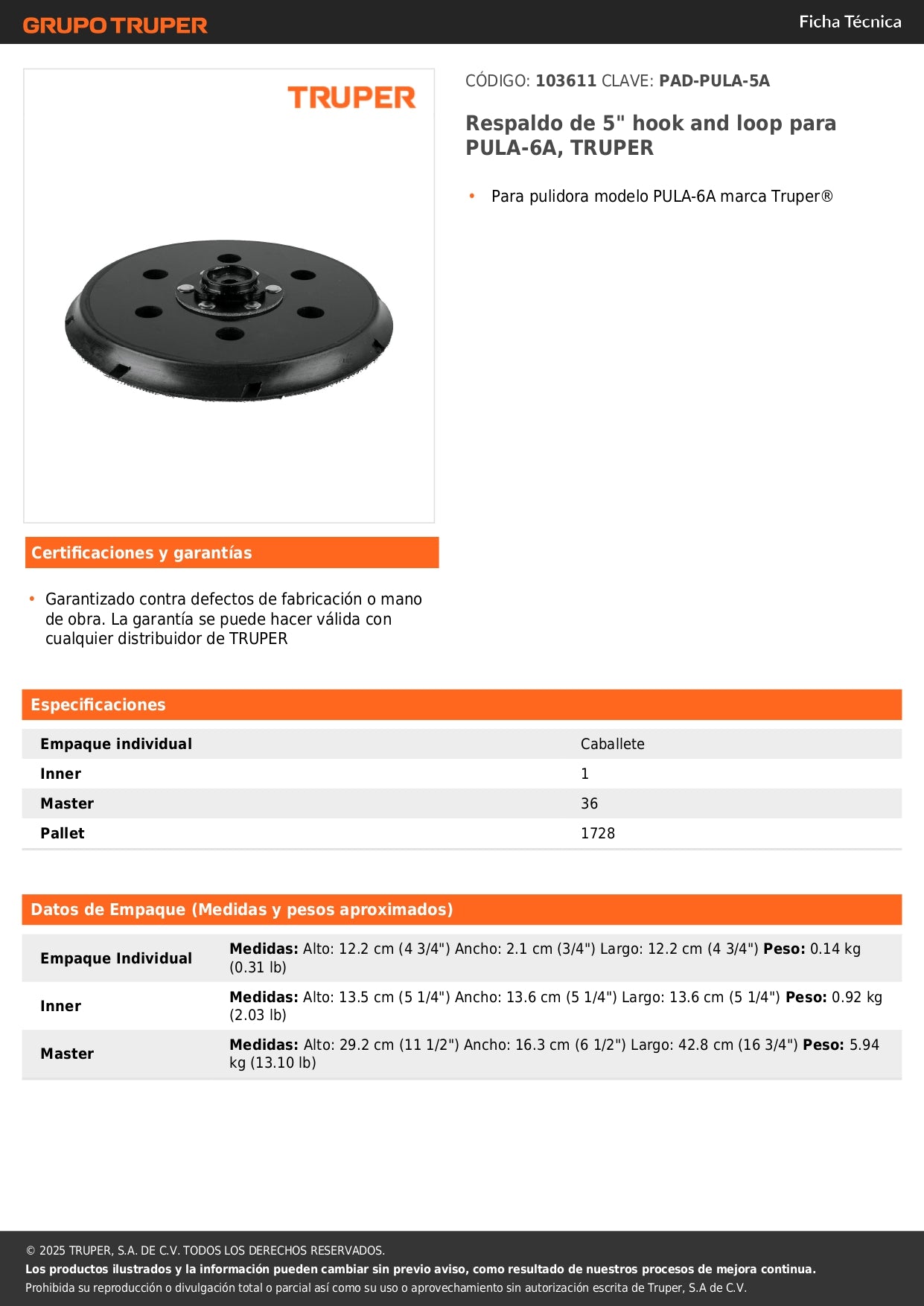 Respaldo de 5" hook and loop para PULA-6A, TRUPER
