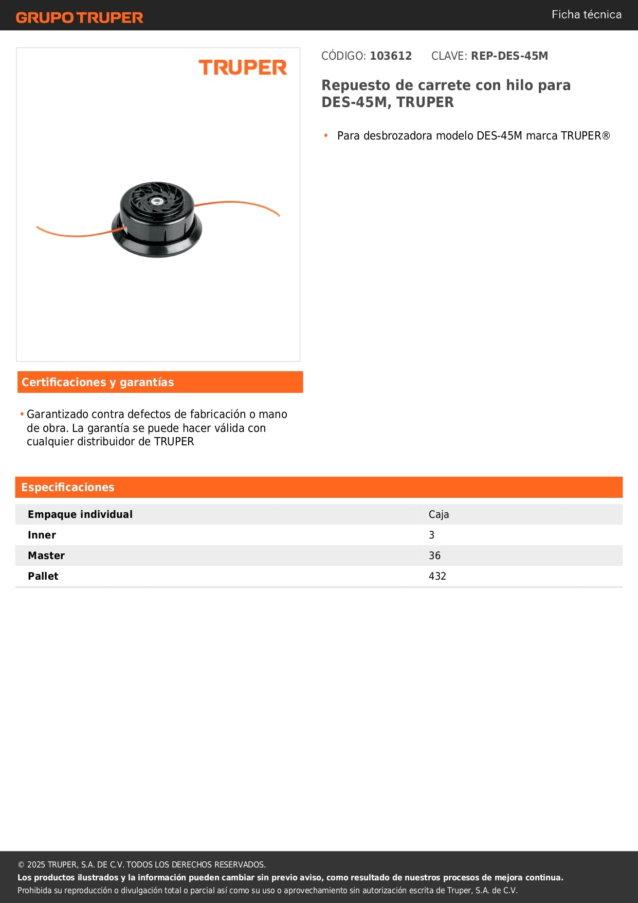 Repuesto de carrete con hilo para DES-45M, TRUPER