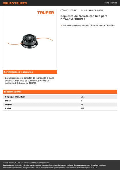Repuesto de carrete con hilo para DES-45M, TRUPER