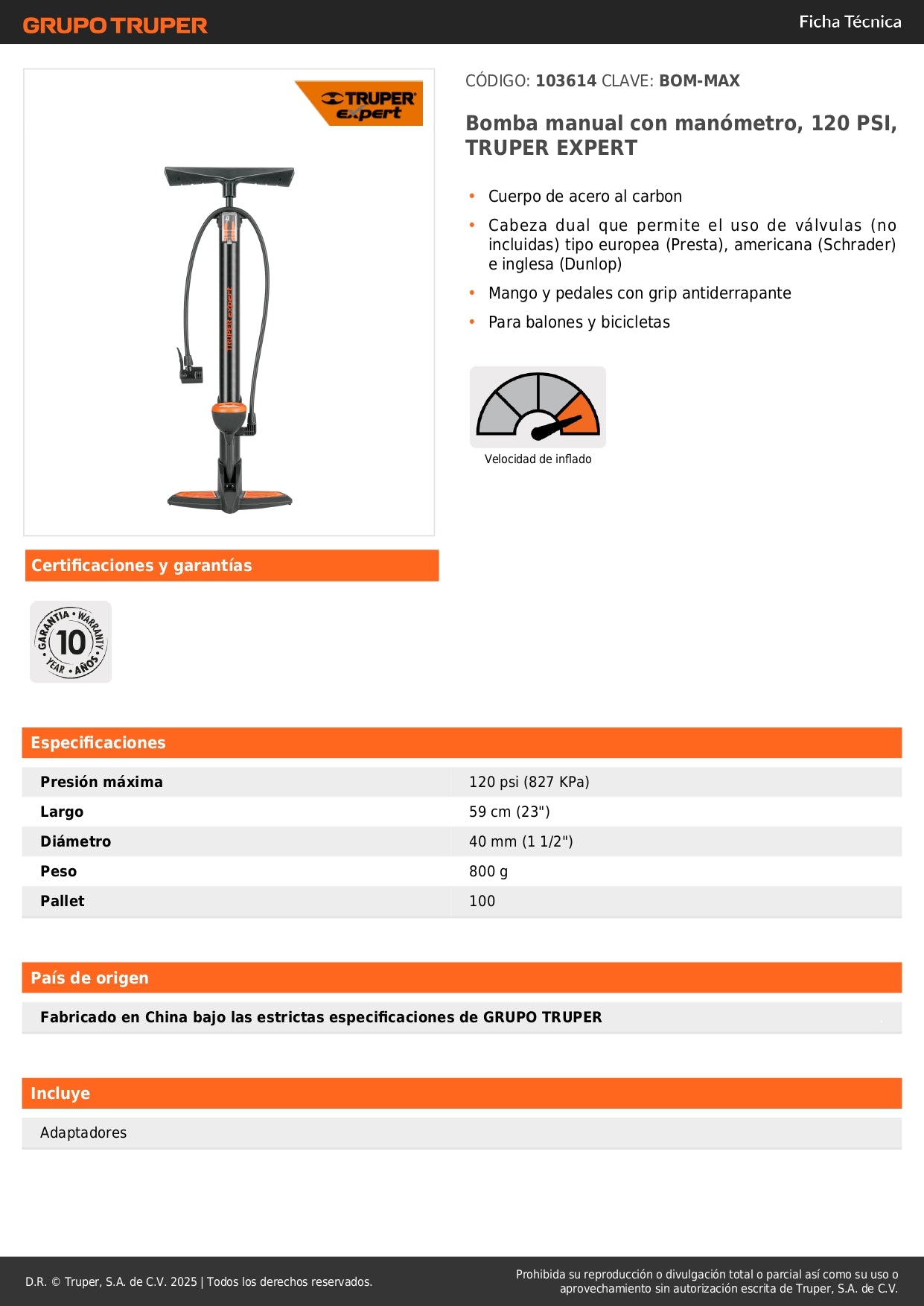 Bomba Manual con Manómetro TRUPER EXPERT 120 PSI - Inflador Universal para Bicicletas y Balones con Válvulas Presta, Schrader y Dunlop - Cuerpo Acero Carbón Antiderrapante