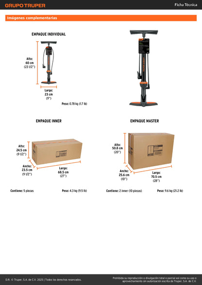 Bomba Manual con Manómetro TRUPER EXPERT 120 PSI - Inflador Universal para Bicicletas y Balones con Válvulas Presta, Schrader y Dunlop - Cuerpo Acero Carbón Antiderrapante