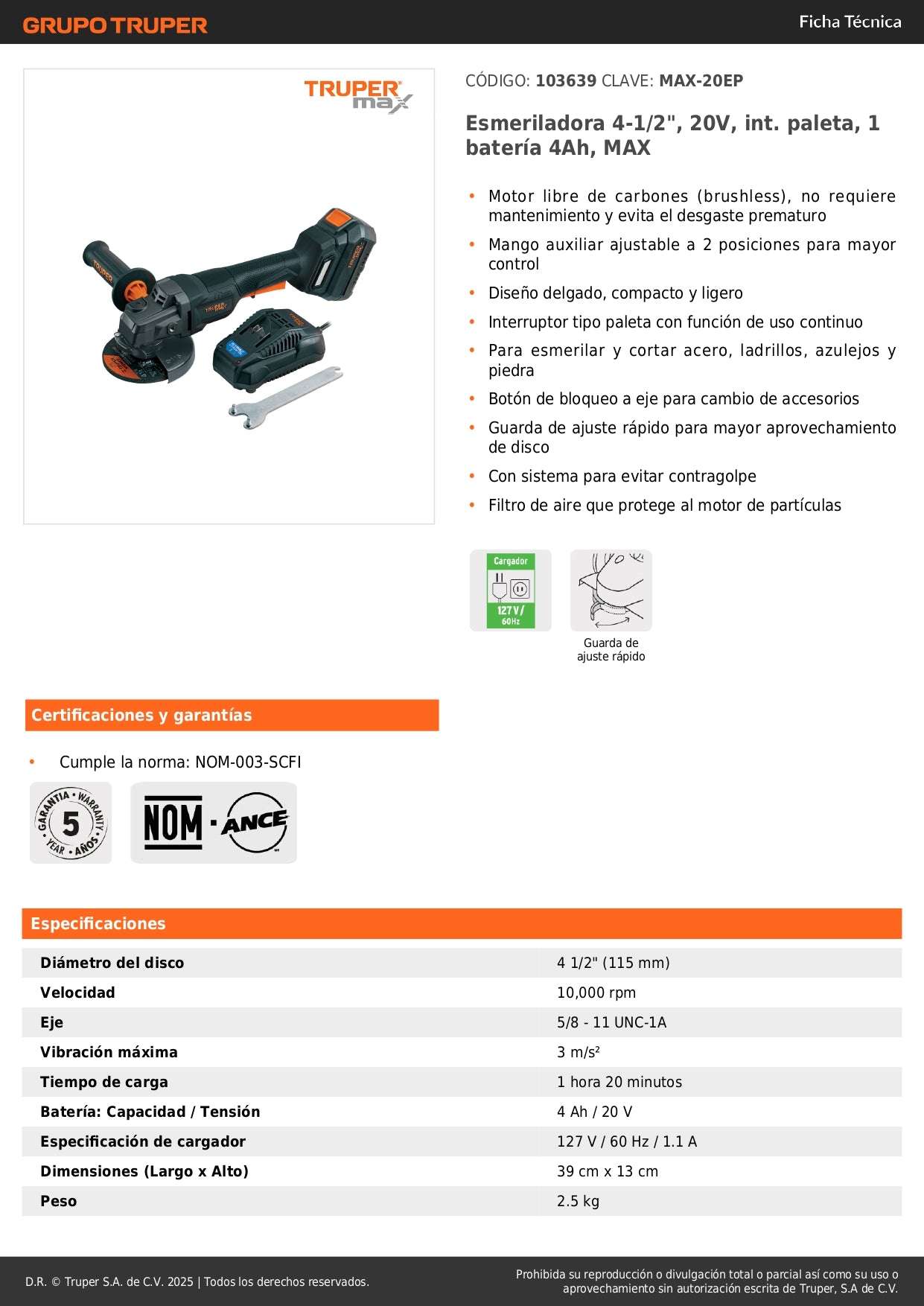 Esmeriladora Inalámbrica 4.5 Pulgadas 20V Brushless MAX-20EP - Motor Sin Carbones para Corte y Esmerilado Profesional de Acero, Ladrillo y Piedra - Incluye Batería 4Ah y Sistema Anti-Contragolpe