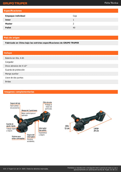 Esmeriladora Inalámbrica 4.5 Pulgadas 20V Brushless MAX-20EP - Motor Sin Carbones para Corte y Esmerilado Profesional de Acero, Ladrillo y Piedra - Incluye Batería 4Ah y Sistema Anti-Contragolpe