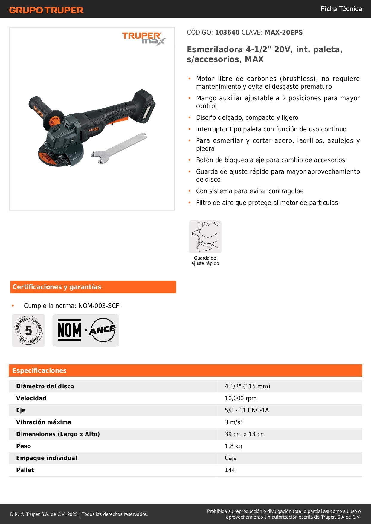 Esmeriladora Inalámbrica 4.5 Pulgadas 20V Brushless MAX-20EPS - Motor Sin Carbones para Corte Profesional de Acero, Ladrillo y Piedra - Mango Ajustable y Sistema Anti-Contragolpe
