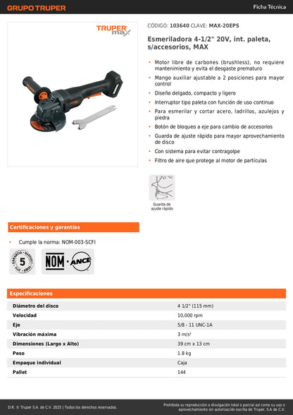Esmeriladora Inalámbrica 4.5 Pulgadas 20V Brushless MAX-20EPS - Motor Sin Carbones para Corte Profesional de Acero, Ladrillo y Piedra - Mango Ajustable y Sistema Anti-Contragolpe