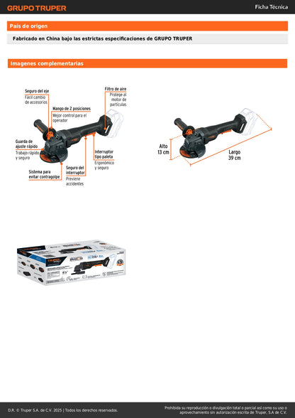 Esmeriladora Inalámbrica 4.5 Pulgadas 20V Brushless MAX-20EPS - Motor Sin Carbones para Corte Profesional de Acero, Ladrillo y Piedra - Mango Ajustable y Sistema Anti-Contragolpe