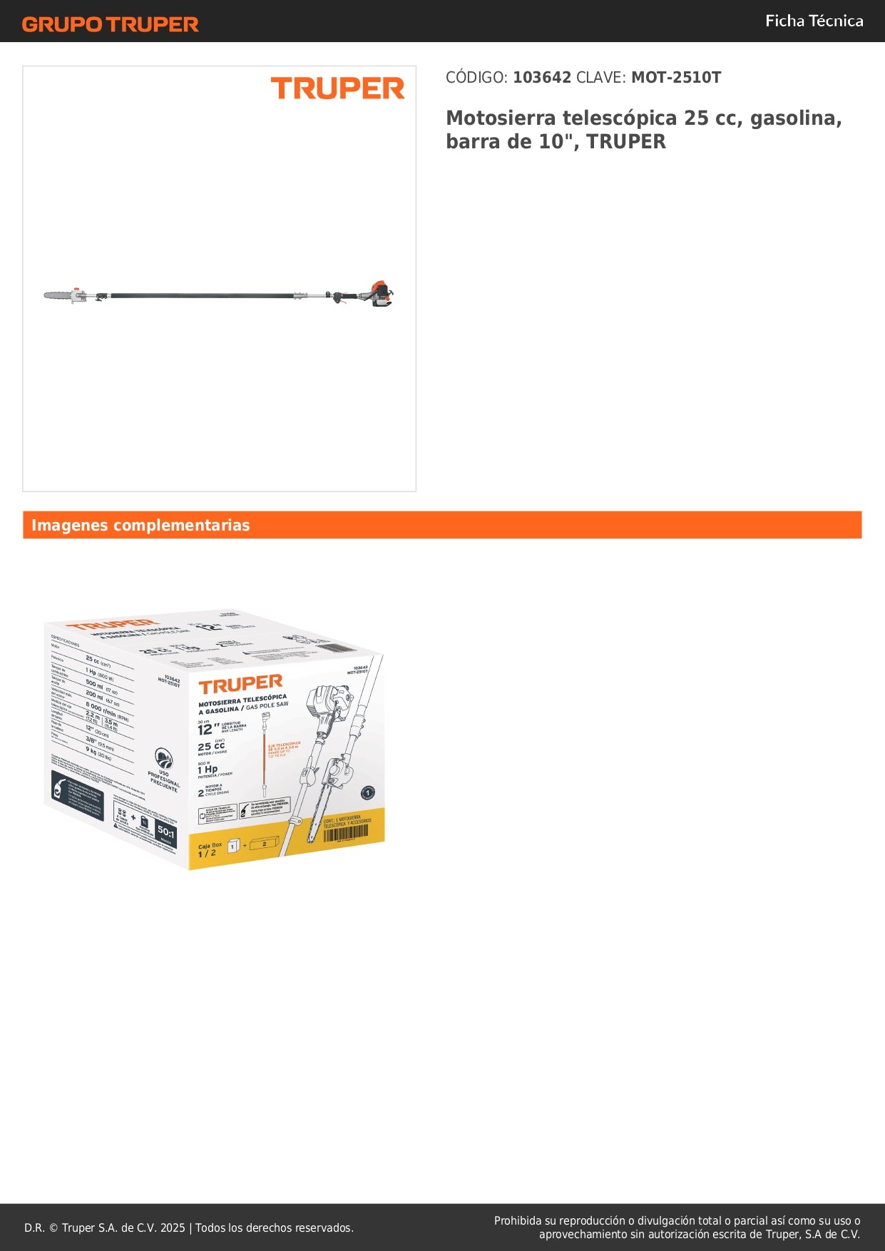 Motosierra Telescópica TRUPER 25cc Gasolina Barra 10" - Solución Profesional para Poda en Altura y Corte de Ramas Altas - MOT-2510T