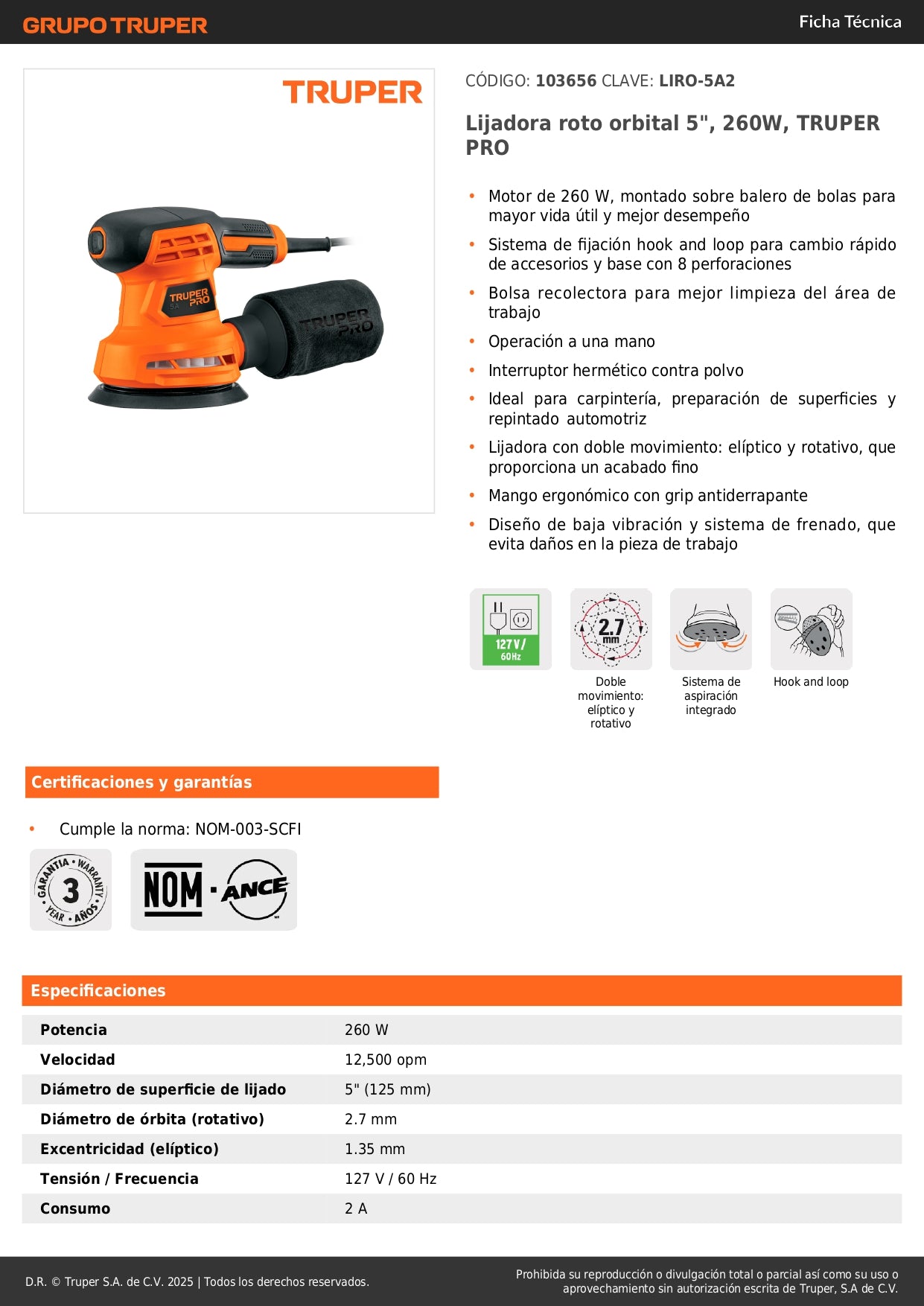 Lijadora Roto Orbital TRUPER PRO 5" 260W - Acabado Profesional para Carpintería y Repintado Automotriz - LIRO-5A2