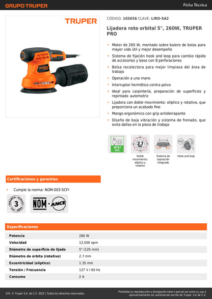 Lijadora Roto Orbital TRUPER PRO 5" 260W - Acabado Profesional para Carpintería y Repintado Automotriz - LIRO-5A2