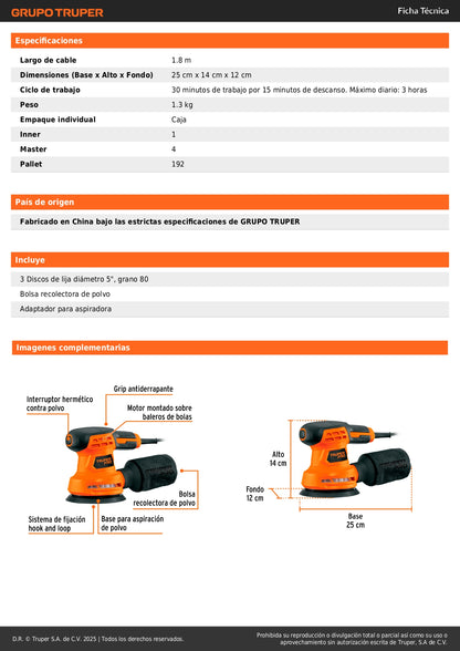 Lijadora Roto Orbital TRUPER PRO 5" 260W - Acabado Profesional para Carpintería y Repintado Automotriz - LIRO-5A2