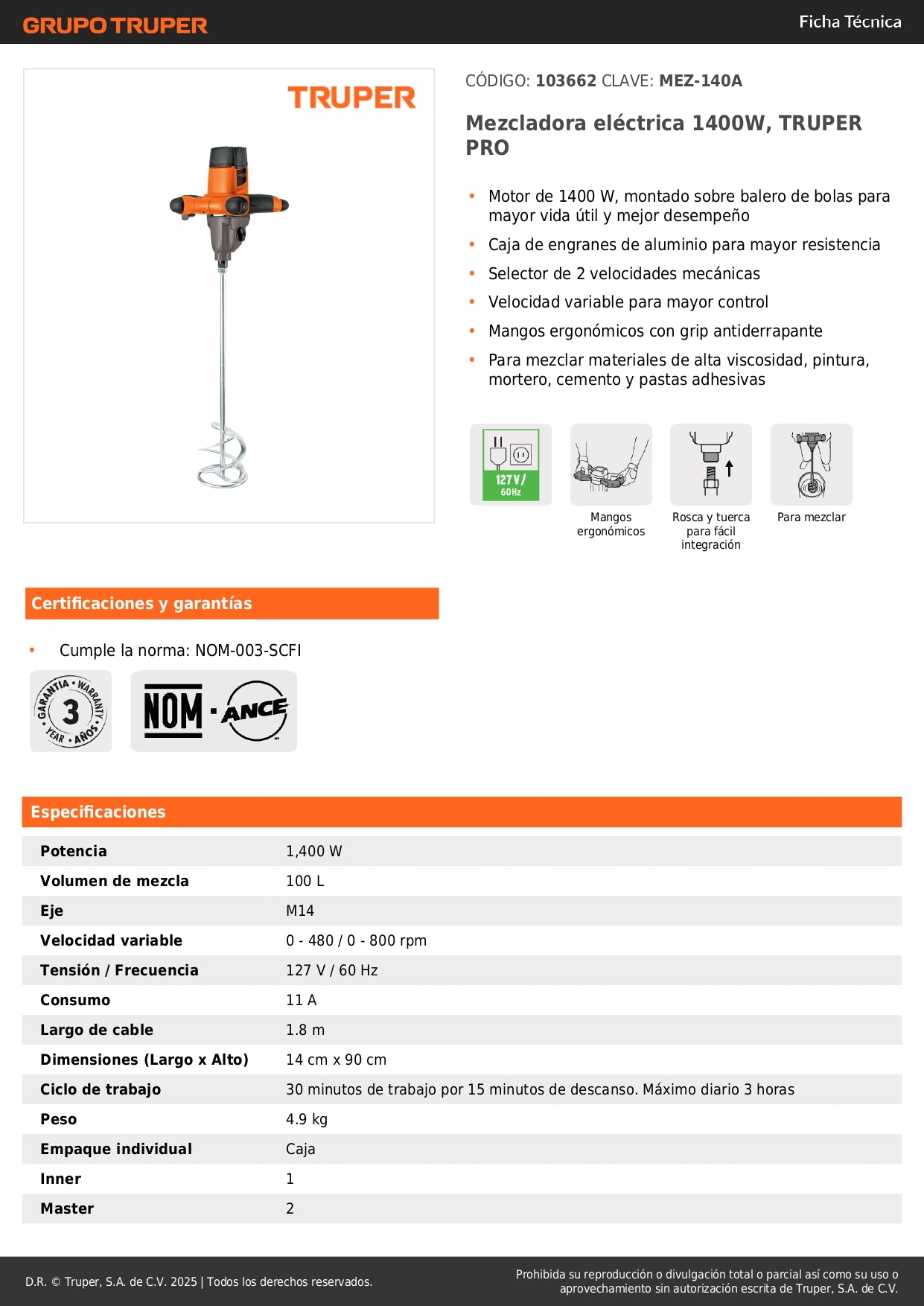 Mezcladora eléctrica 1400W, TRUPER PRO