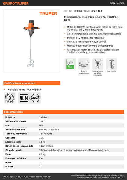 Mezcladora eléctrica 1400W, TRUPER PRO