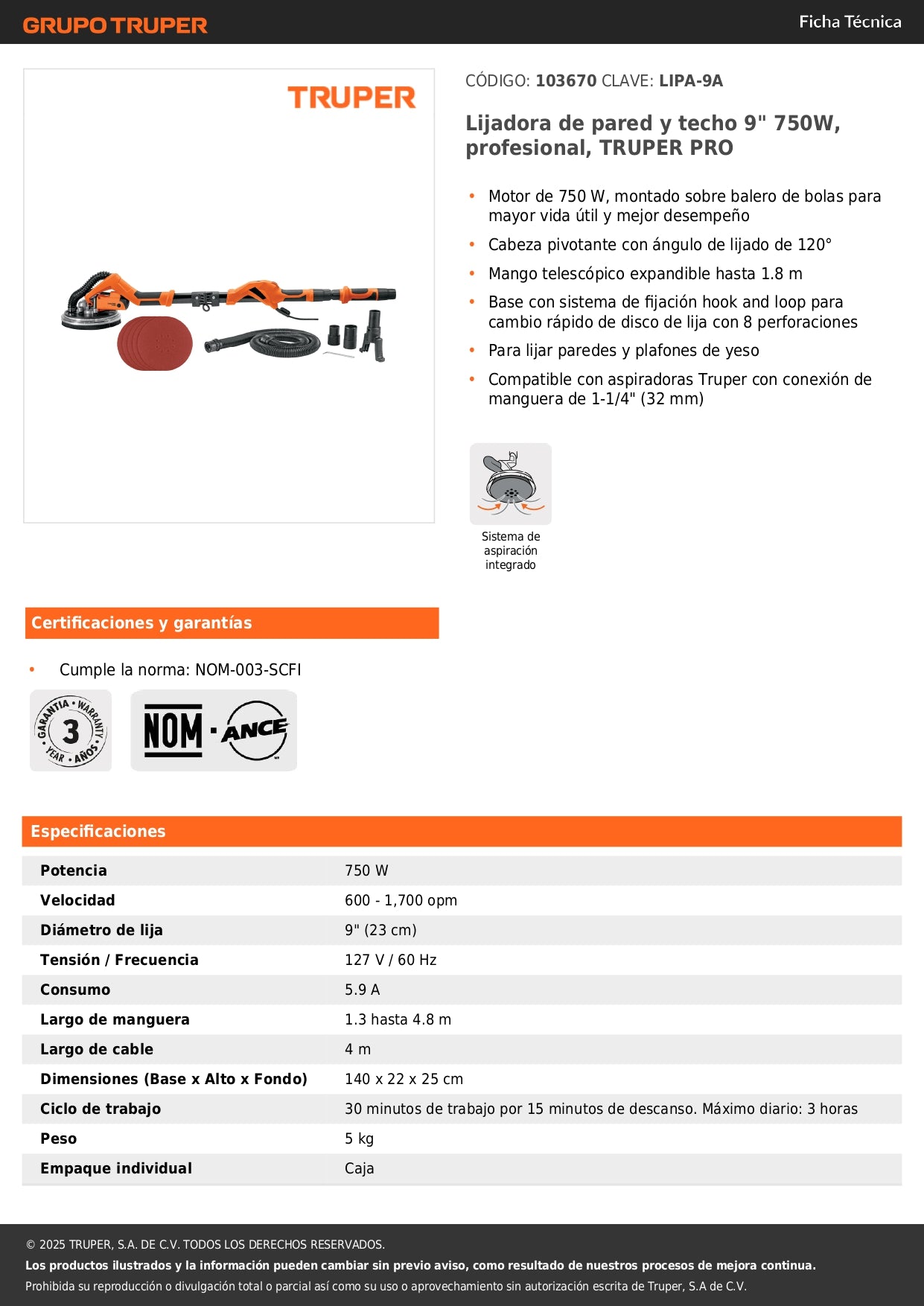 Lijadora de pared y techo 9" 750W, profesional, TRUPER PRO