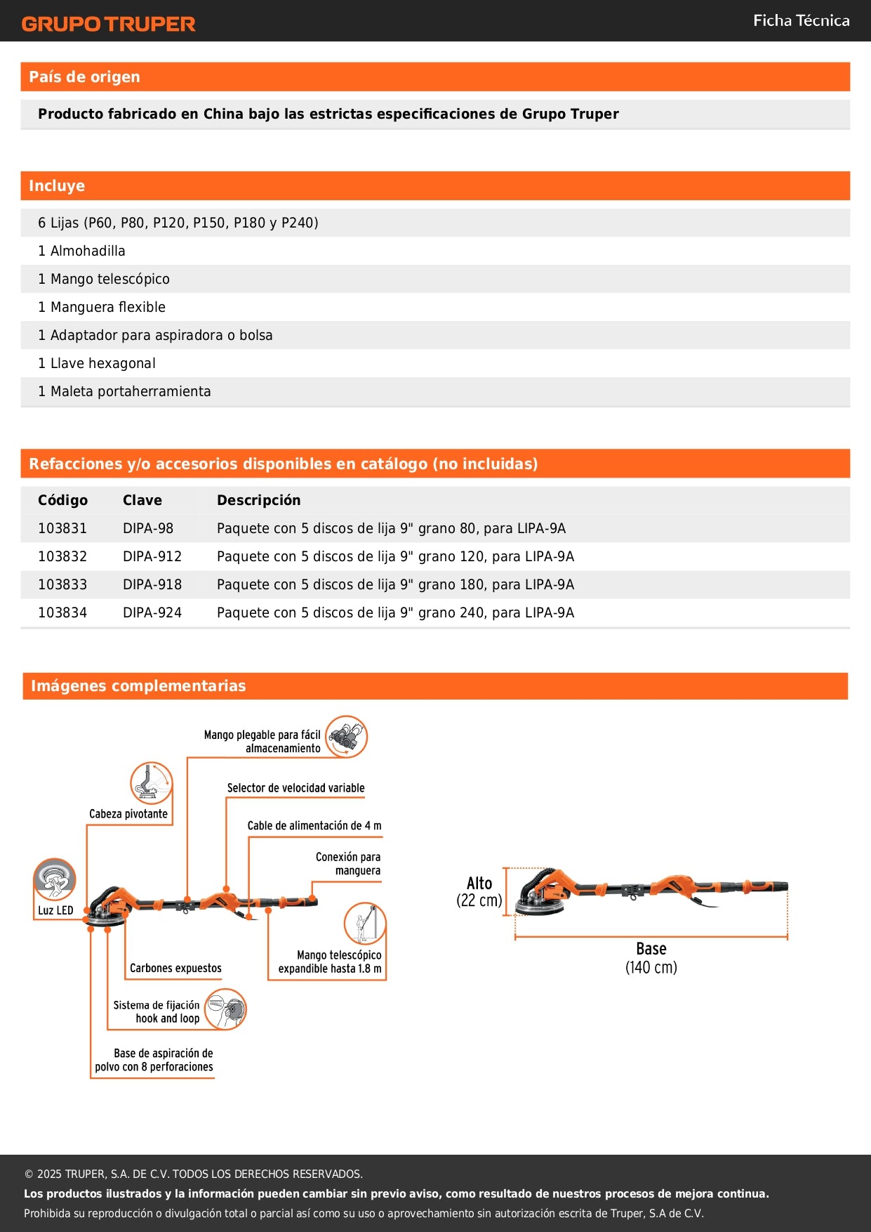 Lijadora de pared y techo 9" 750W, profesional, TRUPER PRO