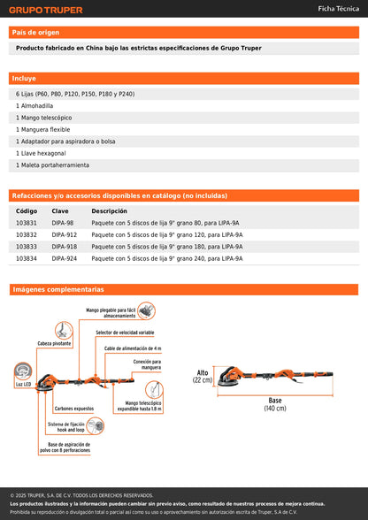 Lijadora de pared y techo 9" 750W, profesional, TRUPER PRO