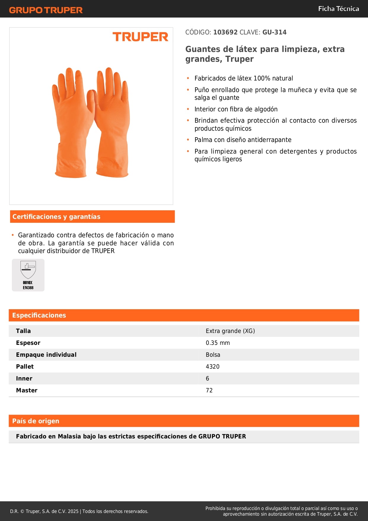 Guantes de Látex Truper GU-314 Extra Grandes para Limpieza con Químicos - Protección Antiderrapante con Puño Enrollado y Forro de Algodón - Resistentes a Detergentes y Productos Químicos Ligeros