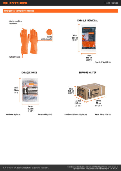 Guantes de Látex Truper GU-314 Extra Grandes para Limpieza con Químicos - Protección Antiderrapante con Puño Enrollado y Forro de Algodón - Resistentes a Detergentes y Productos Químicos Ligeros