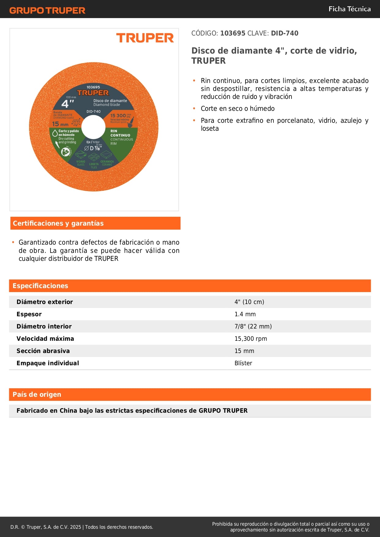 Disco de diamante 4", corte de vidrio, TRUPER