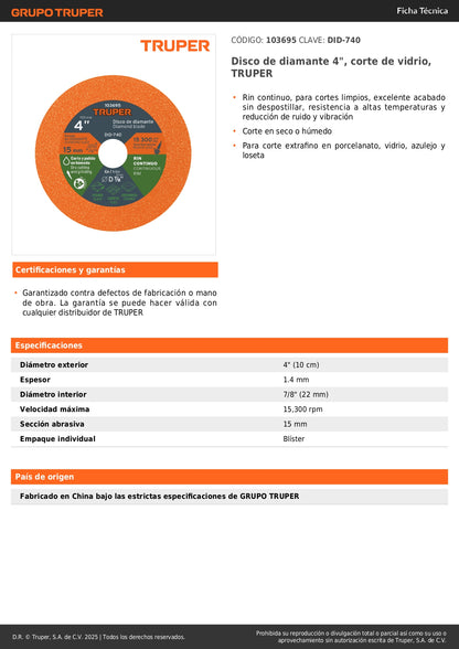 Disco de diamante 4", corte de vidrio, TRUPER