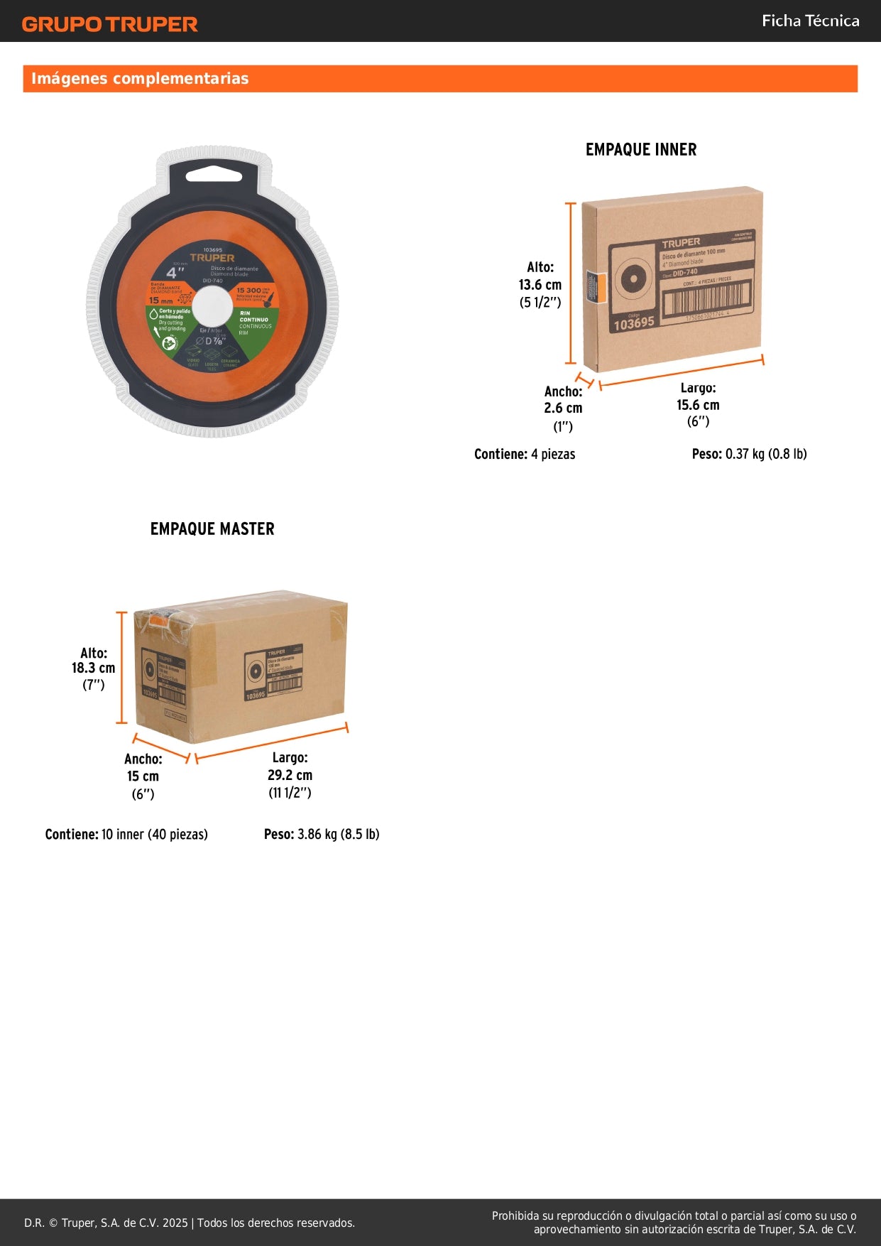 Disco de diamante 4", corte de vidrio, TRUPER