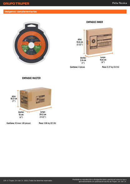 Disco de diamante 4", corte de vidrio, TRUPER