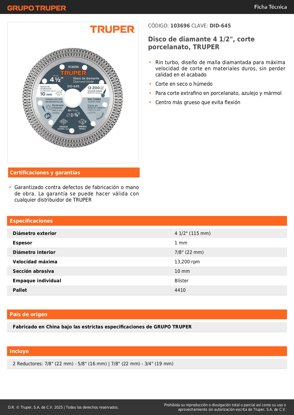 Disco de diamante 4 1/2", corte porcelanato, TRUPER