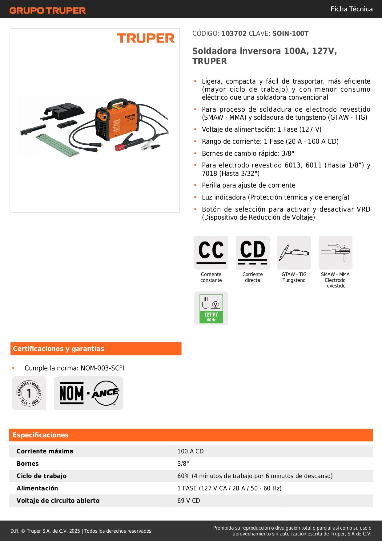 Soldadora Inversora TRUPER 100A 127V SOIN-100T - Compacta y Eficiente para Soldadura SMAW MMA y TIG - Solución Profesional Portátil