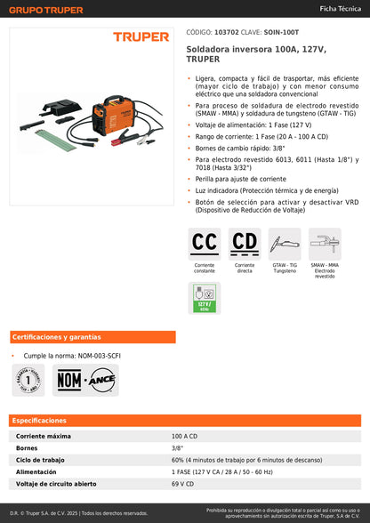 Soldadora Inversora TRUPER 100A 127V SOIN-100T - Compacta y Eficiente para Soldadura SMAW MMA y TIG - Solución Profesional Portátil