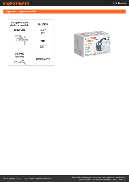 Soldadora Inversora TRUPER 100A 127V SOIN-100T - Compacta y Eficiente para Soldadura SMAW MMA y TIG - Solución Profesional Portátil