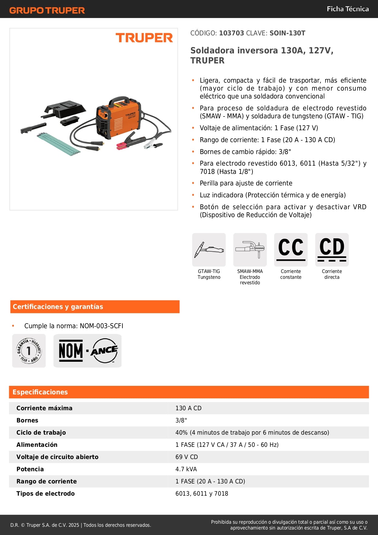 Soldadora Inversora TRUPER 130A 127V SOIN-130T - Portátil Compacta Electrodo TIG SMAW MMA - Solución Profesional Soldadura Eficiente