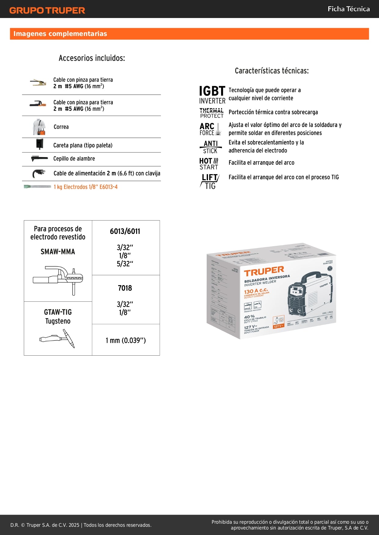 Soldadora Inversora TRUPER 130A 127V SOIN-130T - Portátil Compacta Electrodo TIG SMAW MMA - Solución Profesional Soldadura Eficiente