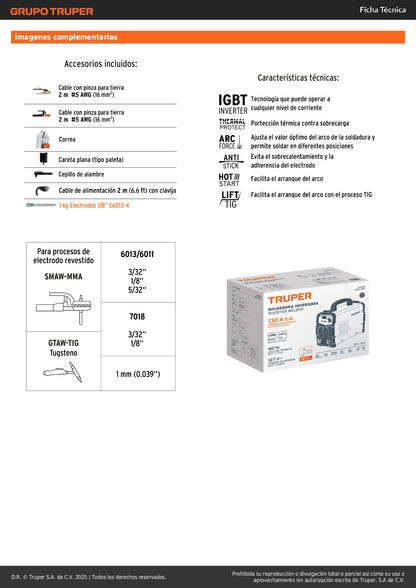Soldadora Inversora TRUPER 130A 127V SOIN-130T - Portátil Compacta Electrodo TIG SMAW MMA - Solución Profesional Soldadura Eficiente