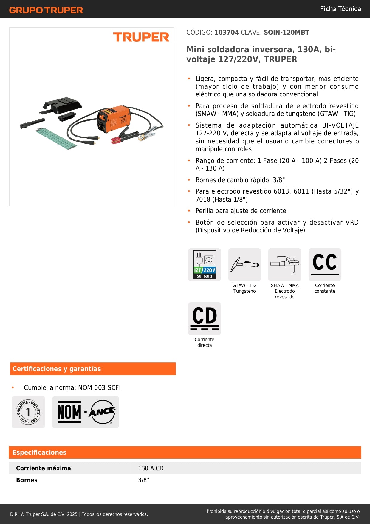 Mini Soldadora Inversora TRUPER 130A Bivoltaje 127/220V - Portátil y Eficiente para Soldadura Profesional SMAW TIG - SOIN-120MBT