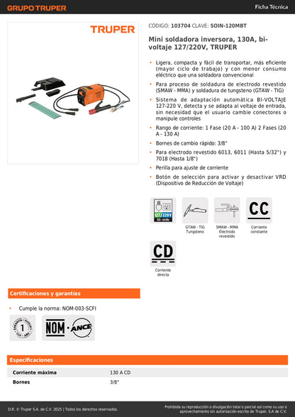 Mini Soldadora Inversora TRUPER 130A Bivoltaje 127/220V - Portátil y Eficiente para Soldadura Profesional SMAW TIG - SOIN-120MBT