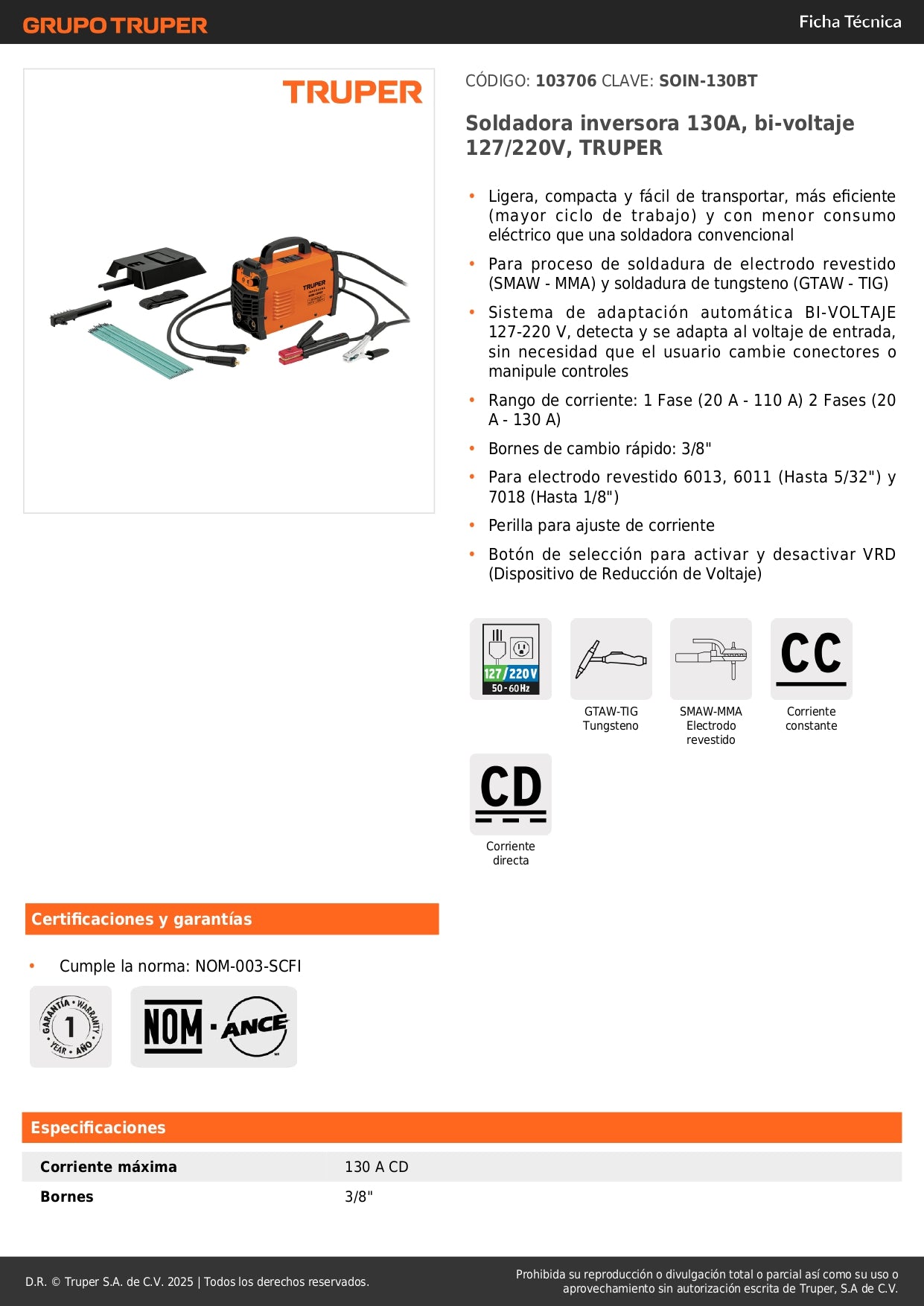 Soldadora Inversora TRUPER 130A Bi-Voltaje 127/220V - Solución Profesional para Soldadura SMAW TIG - Ligera Portátil Eficiente