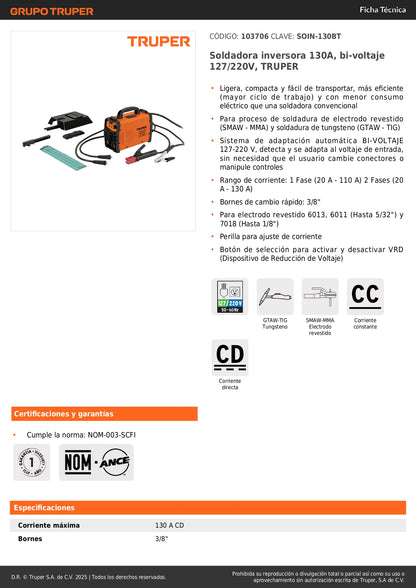 Soldadora Inversora TRUPER 130A Bi-Voltaje 127/220V - Solución Profesional para Soldadura SMAW TIG - Ligera Portátil Eficiente