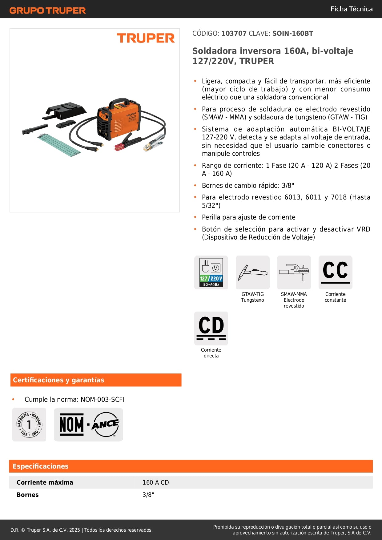 Soldadora Inversora TRUPER 160A Bi-Voltaje 127/220V - Portátil y Eficiente para Soldadura Profesional SMAW TIG - SOIN-160BT