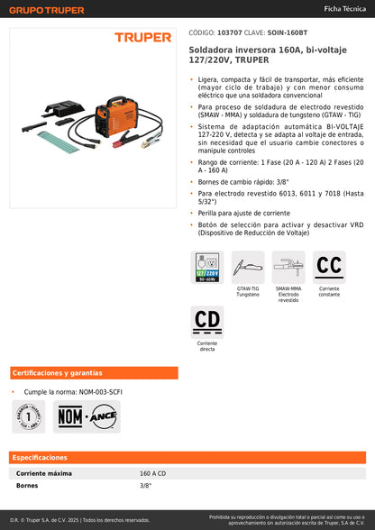 Soldadora Inversora TRUPER 160A Bi-Voltaje 127/220V - Portátil y Eficiente para Soldadura Profesional SMAW TIG - SOIN-160BT
